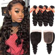 Alimog Loose Wave 4 Bundles with Closure Brazilian Human Hair Bundles Virgin Loose Deep Wave Bundles Bundles