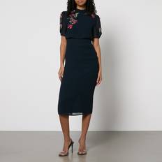 Hope & Ivy Ciara Embroidered Chiffon Pencil Midi Dress Blue