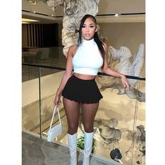 Stunning Mock Neck Sleeveless Slim Crop Tops and Solid Casual Pleated Skirt Sets Summer Co-ord Set Female Black One
