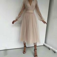 Sexy Deep V Neck Puff Sleeve Midi Dresses for Women Summer Long Evening Wedding Guest Party Dress Chiffon vestidos Brown One