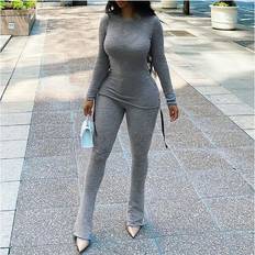 Knitted Drawstring Top And Pants Two Piece Sets For Women Skinny Streetwear Baddie Outfits Workout Casual Co-ord Set Grey One