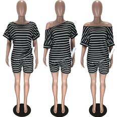 Striped Plus Two Piece Set Women Tracksuits Summer Outfits Top Biker Shorts Sweat Suits Lounge wear Matching Sets Black One