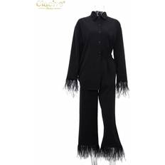 Causal Home Suit Women Spring Loose Shirt Two Piece Pants Set Female Feather Spliced Trouser Suits Black One