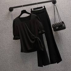 Women's Tracksuit Square Neck Puff Sleeve Chiffon Top pants Two-piece Set Summer Blouse Trouser Suit Multicoloured One