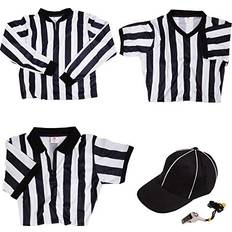 Crown Sporting Goods Pro Referee Bundle Striped Shirts Including Long Sleeve Cold Weather Jersey, V-Neck, Quarter-Zip Pullover, Hat, & Stainless Steel Whistle for Officiating Football, Basketball, & Soccer Large