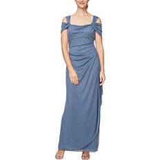 Aftonklänningar - Blåa Alex Evenings Women's Long Cold Shoulder Dress Regular Sizes, Dusty Blue Glitter Petite, 10P