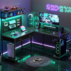 SEDETA L Shaped Gaming Desk with LED Lights Pegboard and Drawers - Black
