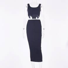 women ribbed knit two piece set long skirt crop tank sexy matching co ord clothes party outfits Black One