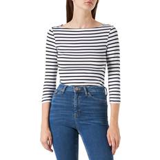 Women's Slim-Fit 3/4 Sleeve Solid Boat Neck T-Shirt, White, Stripe