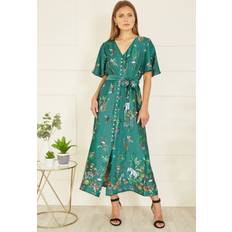 Green - Shirt Dresses Yumi Green Satin Animal Safari Print Midi Shirt Dress