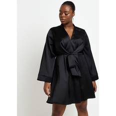 Clothing River Island Womens Plus Black Satin Long Sleeve Mini Dress