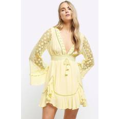 Clothing River Island Womens Yellow Lace Sleeve Beach Mini Dress