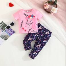 Children's Clothing Shein Baby Girl's Cartoon Unicorn Printed Short Sleeve Top Casual Pants Fashionable Two Piece Suit