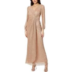 Adrianna Papell Clothing Adrianna Papell Metallic Crinkled Mesh Draped Long Gown - Light Gold