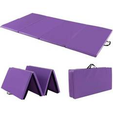 Purple Exercise Mats Costway Folding Gymnastics Mat with Carry Handles and Sweatproof Detachable PU Leather Cover-Purple