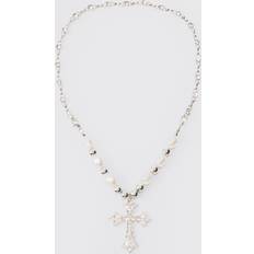 Herre - Perler Halskæder boohooMAN Mens Pearl Cross Necklace In Silver Grey One