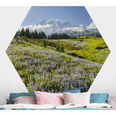 Rouge Décorations Murales Klebefieber Papier Peint Panoramique Hexagonal Autocollant Mountain Meadow With Red Flowers Décoration Murale