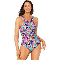 Swimwear Swimsuits For All Plus Women's High Neck Wrap One Piece in Wild Neon Size 22