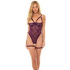 OH LÀ LÀ CHÉRI Women's Elayne Open Shelf Cup Teddy with Open Gusset and Garter Stays Potent Purple