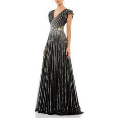 Mac Duggal Women's Sequined Cut Out Ruffled Cap Sleeve Up Gown Black silver