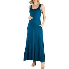 Long Dresses - Turquoise 24seven Comfort Apparel 24seven Comfort Apparel Scoop Neck Sleeveless Maternity Maxi Dress with Pockets Teal