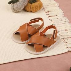 Brown Sandals Shein 1pair Boys' Solid Color Pu Hook Loop Flat Sandals, Suitable For And Summer