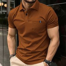 Brown - Elastane/Lycra/Spandex Polo Shirts Shein Mens Solid Color Short Sleeve Polo Shirt