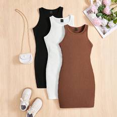 Shein Dresses Shein Women's Knitted Solid Color Round Neck Sleeveless Bodycon Casual Dress 3pcs/Set