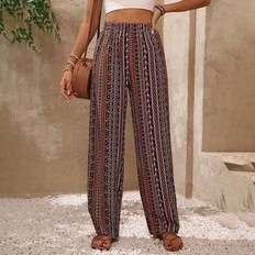 Multifärgade - Tyg Byxor Shein Women's Elastic Waist Floral Print Long Pants