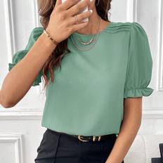 Green - Women Blouses Shein Solid Puff Sleeve Blouse