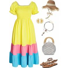 Yellow Dresses Shein 1pc Girls' Color-Blocked Puff Sleeve Dress For Spring/Summer