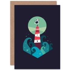 Wee Blue Coo Nautical Lighthouse Cute Puffin Sea Waves Greeting Card