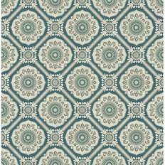 Seabrook Designs Caspien Floral Lattice Unpasted Wallpaper Metallic Silver, Teal & Green