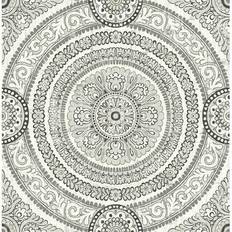 Seabrook Designs Caspien Medallion Unpasted Wallpaper Metallic Silver & Ebony