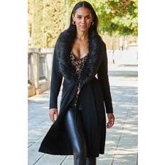 Faux Fur Tops Sosandar Longline Cardigan Faux Fur Trim Black