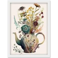 Ceramic Framed Art ARTERY8 Flower Bouquet in a Floral Pattern Ceramic Teapot Framed Art