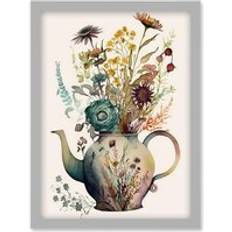 Ceramic Framed Art ARTERY8 Flower Bouquet in a Floral Pattern Ceramic Teapot Framed Art