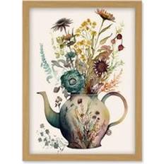 Ceramic Framed Art ARTERY8 Flower Bouquet in a Floral Pattern Ceramic Teapot Framed Art