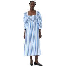 Ekologiskt material - Multifärgade Klänningar Ganni Blue Striped Cotton Smock Long Dress in Silver Lake Blue Women's