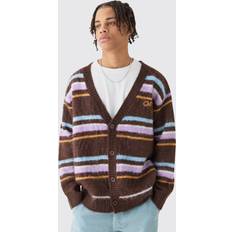 Brown - Men Cardigans boohooMAN Mens Boxy Fluffy Striped Knitted Cardigan In Chocolate Brown