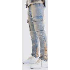 Herre - Lilla Jeans boohooMAN Mens Slim Rigid Flare Overdyed Distressed Cargo Jeans Purple 28R