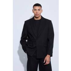 Wool Blazers boohooMAN Mens Melton Wool Oversized Strap Detail Blazer Black