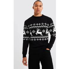 Herren - Weihnachtspullover boohooMAN Reindeer Fairisle Panel Christmas Jumper - Black