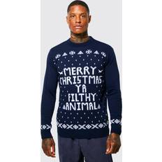 Christmas Sweaters - Men boohooMAN Mens Merry Christmas Ya Filthy Animal Sweater Navy