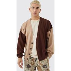 Brown - Men Cardigans boohooMAN Mens Oversized Boxy Spliced Brushed Cardigan Brown