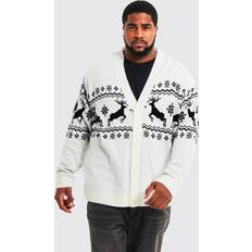 Men - White Cardigans boohooMAN Mens Plus Reindeer Fairisle Christmas Cardigan Cream