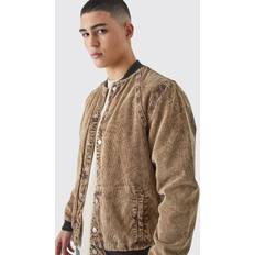 Jackets boohooMAN Mens Cord Acid Wash Qulited Bomber Jacket In Chocolate Brown