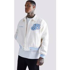 boohooMAN Mens Boxy Melton Varsity Jacket Cream