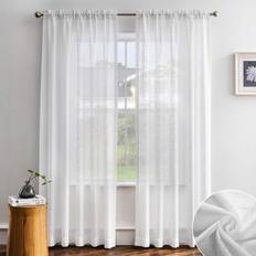 White Linen Textured Semi Sheer Curtains 63 Inch