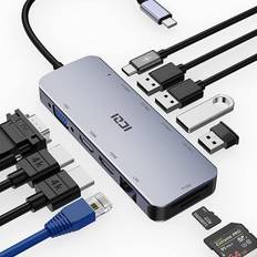 1 to 11 USB-C docking station for triple monitors 2xHDMI 4K30Hz, 1xVGA PD 100W Macbook M1 M2 Thunderbolt 3 & 4